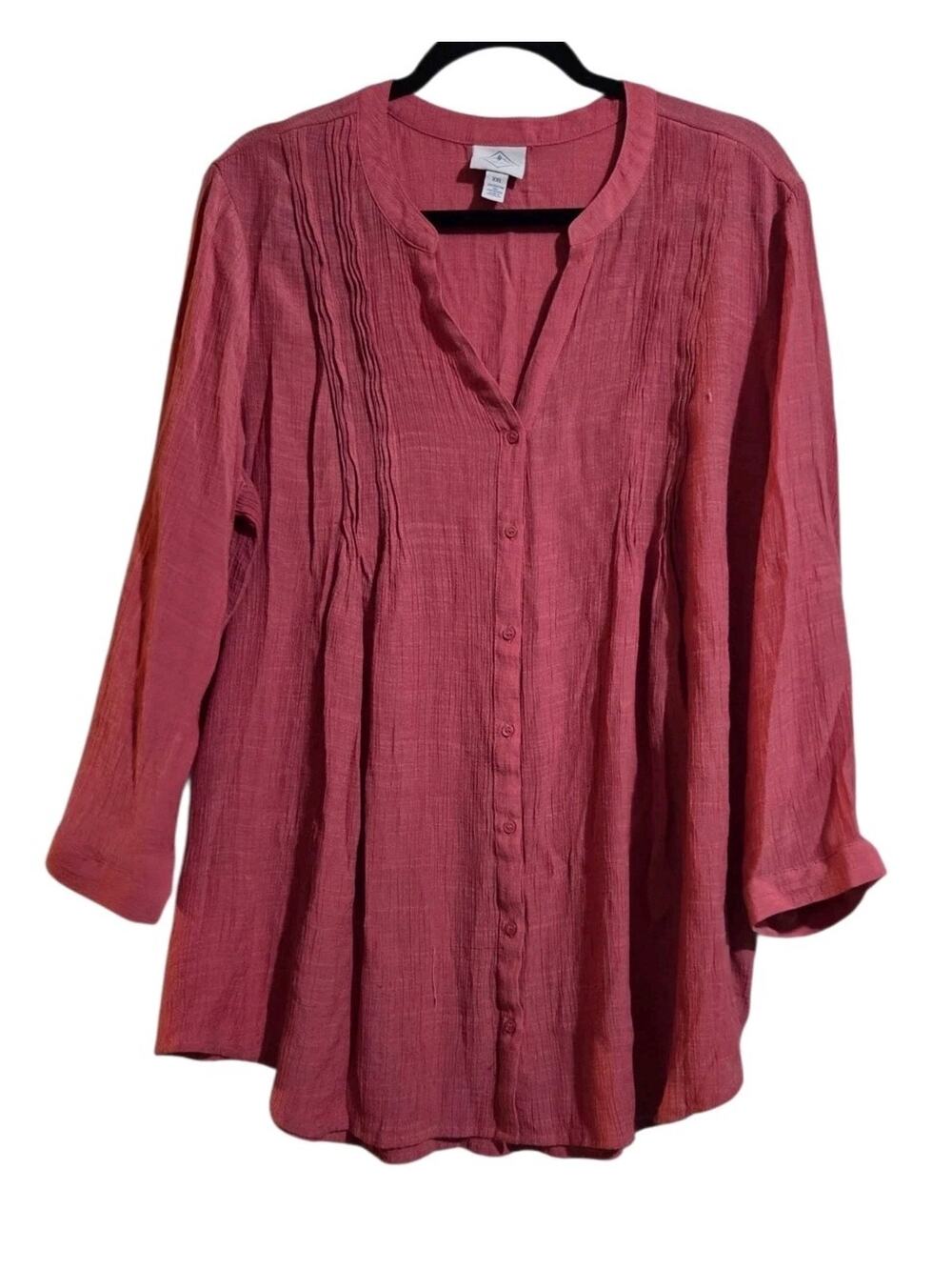 St John's Bay Blouse Women's Sz XXL Pink Mauve 3/4 Sleeve Boho Shirt Top Pintuck